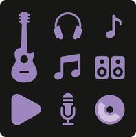 Musical Melody Icon Set An artistic arrangement of music-related icons, encompassing a guitar, headphones, musical notes, speakers, a play button, a microphone, and a CD. vector