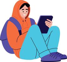 A flat style illustration showing a student checking notes on mobile vector