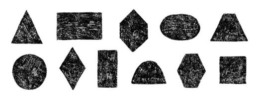 Crayon hand drawn black geometric shapes set. Pencil or charcoal texture. Circle, square, triangle and rectangle. texture illustration vector