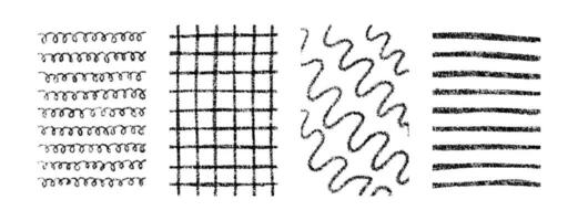 Hand drawn crayon textures pattern set. Childish freehand scribble and shapes background. Collection of design elements lines, waves, grid and spirals vector