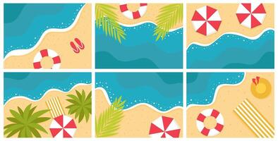 Summer beach background top view set. Top view of sandy beach with ocean wave, inflatable ring and tropical leaves flat set vector