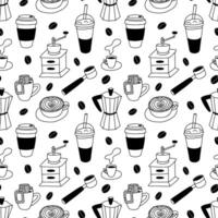 Coffee elements seamless pattern. Hand drawn Geyser coffee maker, coffee beans, mug, frappuccino pattern on white background vector
