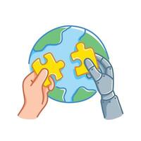 Colorful illustration of a human hand and a robotic hand assembling puzzle pieces over the Earth, symbolizing global collaboration between artificial intelligence and humanity for the future. vector