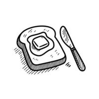 Doodle style black and white illustration of a toast with a melting butter square and a knife. Perfect for breakfast themes, bakery designs, or food related hand drawn artwork collections. vector