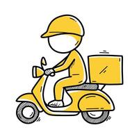 Hand drawn illustration of a delivery man riding a yellow scooter with helmet and package box. Perfect for shipping, logistics, courier, and fast delivery service concepts. vector