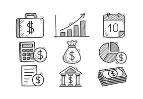 Collection of black and white finance doodles including money, bank, chart, calculator, pie graph, briefcase, bill, and calendar. Perfect for financial, business, and investment themes. vector