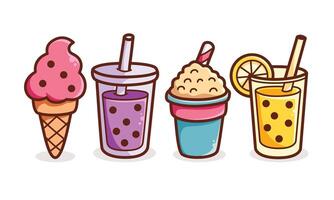 Colorful doodle illustration of refreshing summer drinks and ice cream including bubble tea, lemon drink, shaved ice, and cone. Perfect for summer, food design, and drink icons. vector