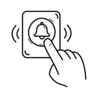 Minimalist line art of a hand pressing a doorbell button with bell icon. Clean, black and white illustration perfect for alerts, notifications, home security, or smart home design. vector