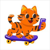 Cute orange cat riding a skateboard and holding a smartphone, cheerful character design symbolizing youth, fun, and digital lifestyle. vector