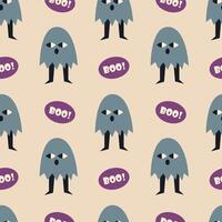 Cute Ghost Pattern with Boo Speech Bubble Seamless Pattern. Perfect for Halloween designs, creating a playful atmosphere. vector
