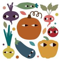 Playful Vegetables with Eyes Set Illustration. Includes pumpkin, eggplant, onion, and carrot in a colorful and fun design perfect for children and autumn themes. vector