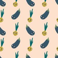 Whimsical vegetable seamless pattern. Eggplants and onions with expressive faces, arranged on a soft background. vector