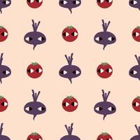 Playful Tomato and Beetroot Illustration Seamless Pattern. Ideal for textile design, home decor, and creative projects. vector