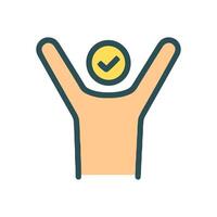 Triumphant figure with approval checkmark. Icon symbol illustration vector
