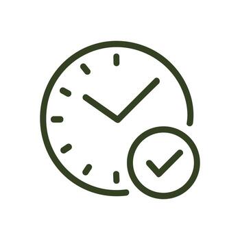 Clock with checkmark signifies timely completion. Icon symbol illustration vector