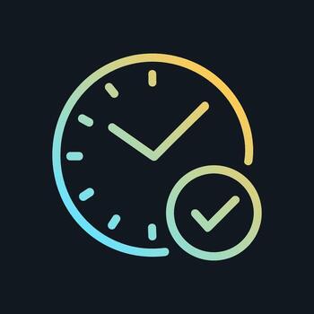 Scheduled completion Clock with checkmark overlay. Icon symbol illustration vector