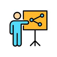 Presenter explains a branching connection diagram. Icon symbol illustration vector