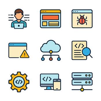 Tech icons showcase software development concepts. Icon symbol illustration vector