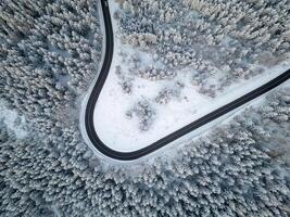 A winding road cuts through a thick forest blanketed in snow. The scene captures the serene beauty of winter in a remote area, with trees heavily covered in frost. photo