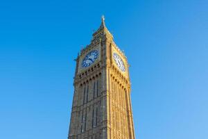 Big Ben stands tall against a vibrant blue sky in London, showcasing its intricate architecture. The clock tower is a symbol of British heritage and attracts many visitors. photo