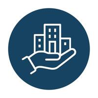 Hand holds buildings inside circle. Icon symbol illustration vector
