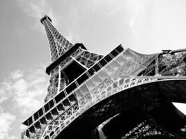 Detailed bottom view of Eiffel tower, Paris, black and white image photo