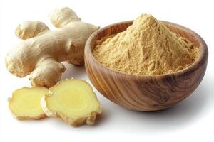 Fresh ginger root and ground ginger powder isolated on white background photo