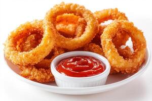 Crispy onion rings with ketchup isolated on white background photo