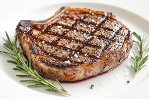 Grilled ribeye steak with rosemary isolated on white background photo