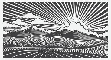 Sunrise Scene with Silhouetted Rolling Hills Landscape and Sunlight Rays Behind Horizon in Morning Light vector