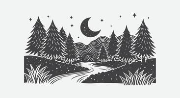 Peaceful Nighttime Woodland Scene with Crescent Moon and Tree Silhouettes Under Starry Sky in Tranquil Forest vector