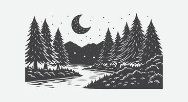 Peaceful Nighttime Forest Scene with Crescent Moon and Tranquil Silhouetted Trees Under Starry Sky vector