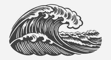 Powerful Dramatic Ocean Wave Scene with Swirling Sea Foam in Motion and Splashing Water Silhouette Art vector