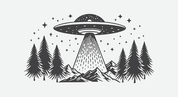 UFO Flying Saucer Hovering Above Mountain Hills and Pine Forest with Trees and Sky in Silhouette Style vector