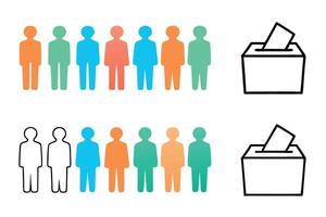 Diverse silhouettes of people in a long queue with voting box, participation concept icon set vector