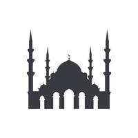 Intricate silhouette of a mosque with multiple minarets and a crescent moon at sunset, representing Islamic art and culture vector