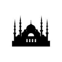 Dark silhouette of a grand mosque at dusk with towering minarets, archways, and a crescent moon, highlighting Islamic heritage vector
