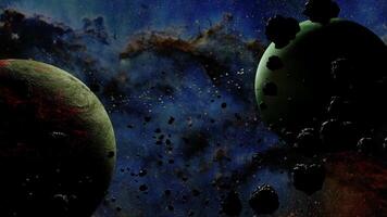Explore distant galaxies with asteroids and vibrant planets in deep space video