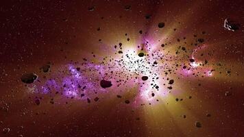 Exploration of an asteroid field in deep space with vibrant cosmic colors video