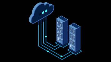 Cloud technology computing concept. Modern cloud technology. Data center isometric concept. Isometric cloud technology with data center. Web hosting concept. Transparent background with alpha channel. video