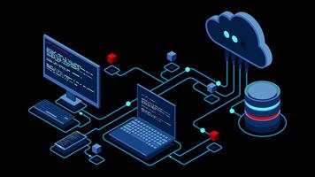 Cloud technology computing animation. Modern cloud technology. Data center isometric concept. Isometric cloud technology with datacenter. Web hosting concept. Transparent background video