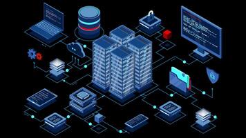 Isometric computer technology animation. Computation of big data center. Cloud computing. Online devices upload and download information. Transparent background with alpha. video