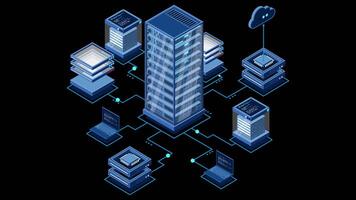 Isometric computer technology animation. Computation of big data center. Cloud computing. Online devices upload and download information. Transparent background with alpha, video