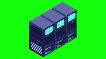 Isometric futuristic server animation. Isometric database or data center. Blockchain. Computer storage. Cloud storage. 4K animated in isometric video