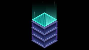 Isometric futuristic server animation. Isometric database or data center. Abstract blockchain. Computer storage. Cloud storage. Transparent video