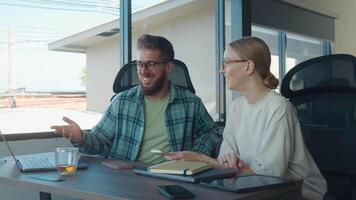 Two young professionals are collaborating on project, pointing at laptop screen and engaging in productive discussion in bright, modern office space. Professionals coped with successful project video