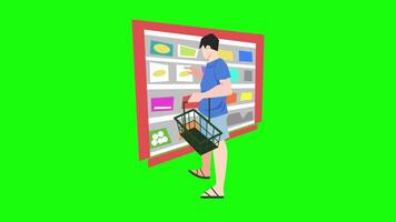 2d animation of people shopping at supermarket. Man standing while choosing products to buy. Green screen. Flat illustration style. video