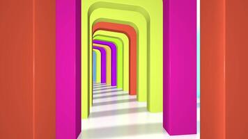 Camera travels through a tunnel formed by arches of different colors on a white floor. Loop sequence. 3D Animation video