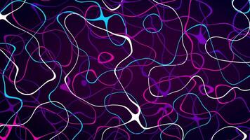 Magenta, cyan, purple and white lines moving randomly, forming circles against a dark violet background. Loop sequence. 3D Animation video