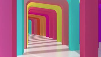 Camera travels through a tunnel formed by arches of different rainbow colors, projecting shadows on the white floor. Loop sequence. 3D Animation video